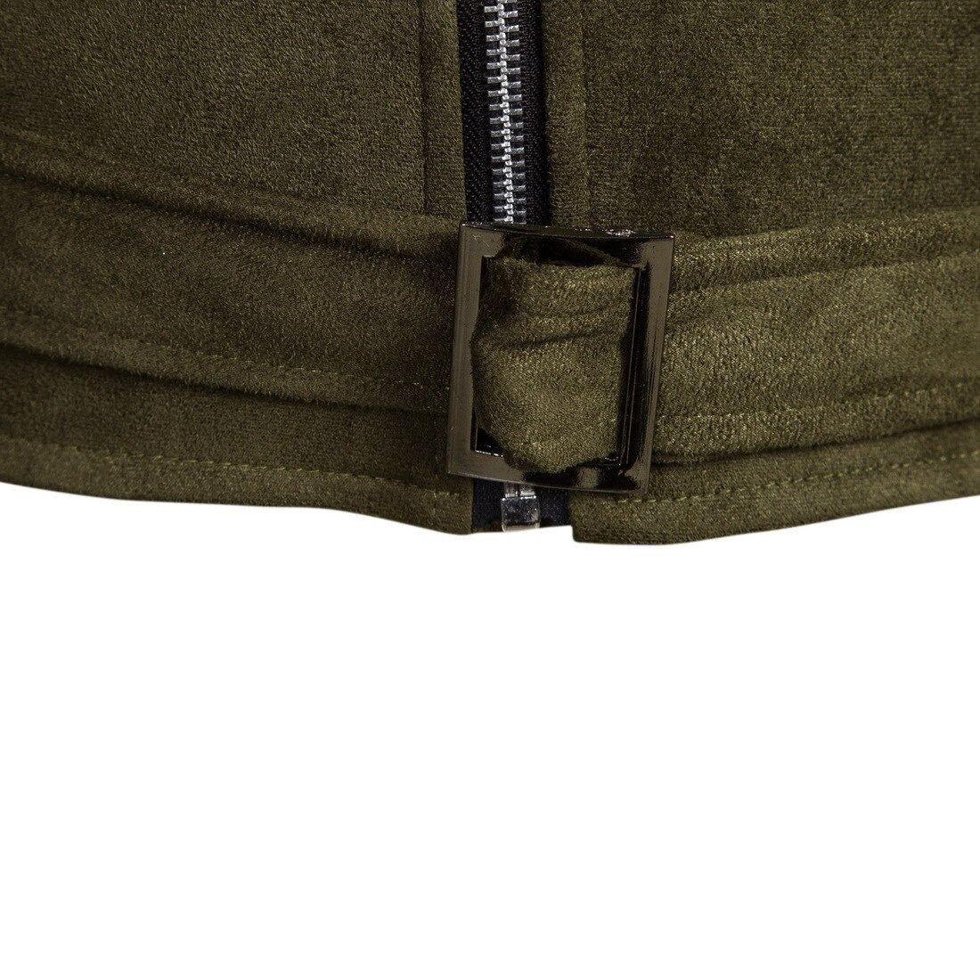 Close-up of olive green suede jacket zipper and belt buckle, showcasing stylish slim-fit design for men.