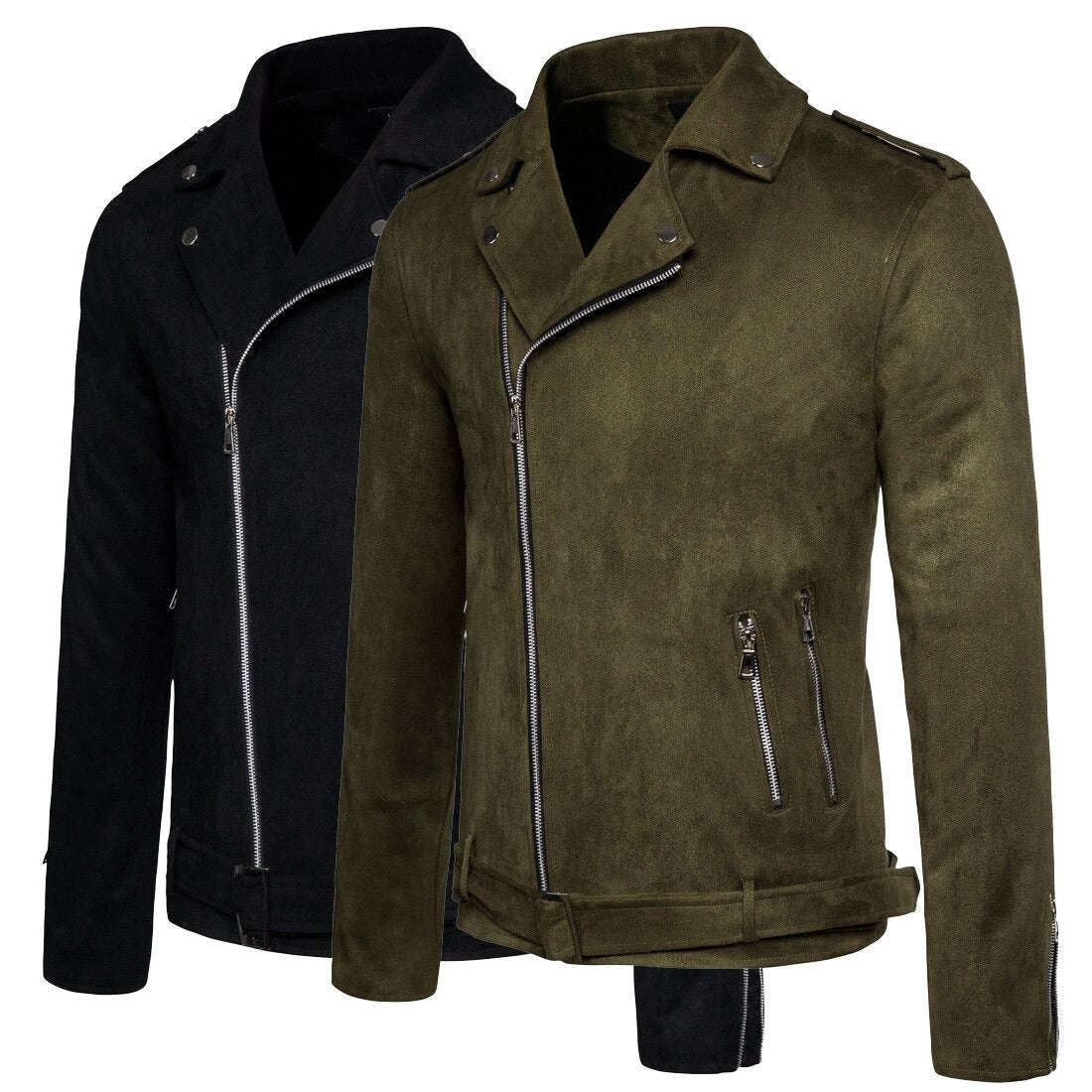 Black and green suede motorcycle jackets for men, featuring zippers and a slim-fit design for stylish outwear.