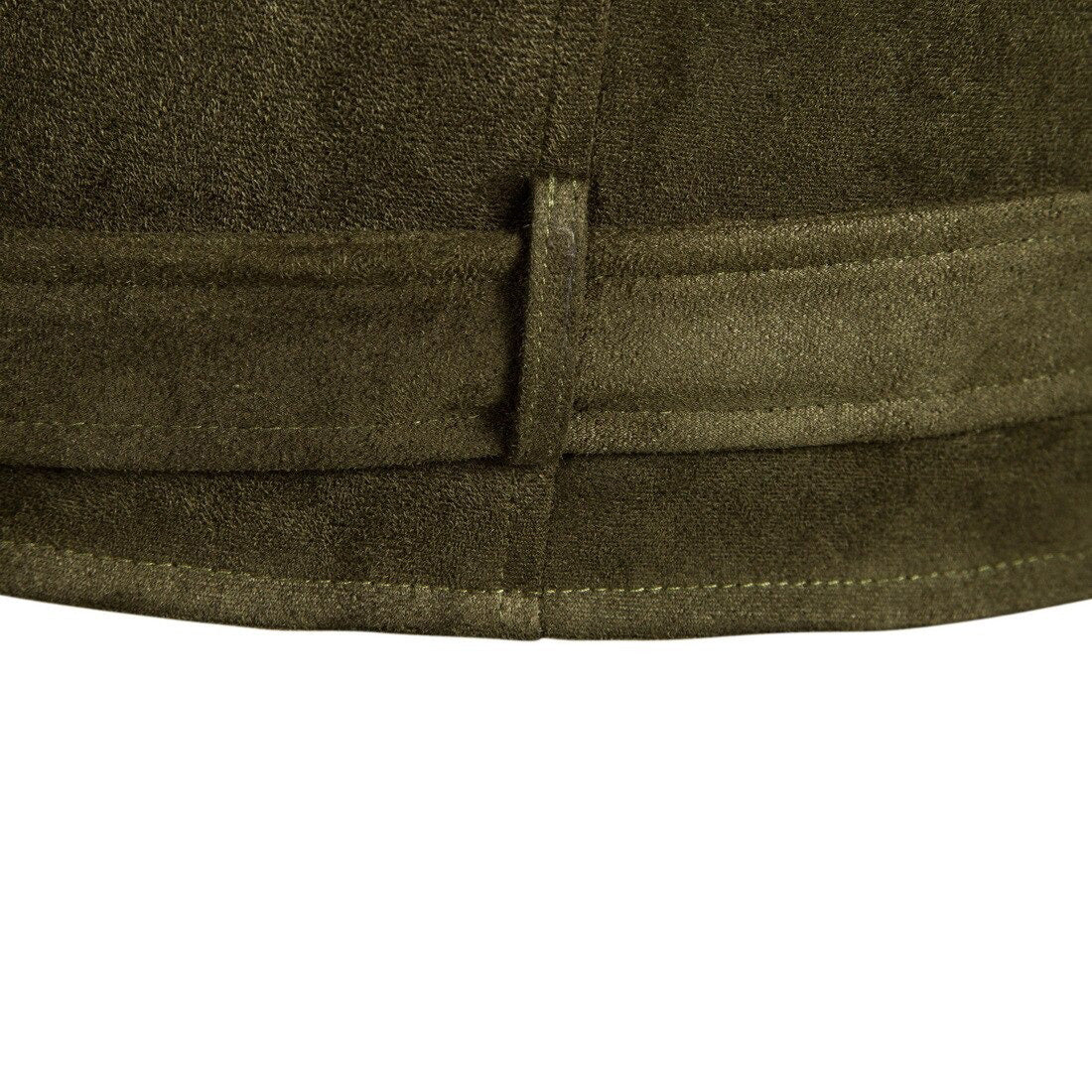Close-up view of the hip belt detail on a stylish army green suede jacket for men.