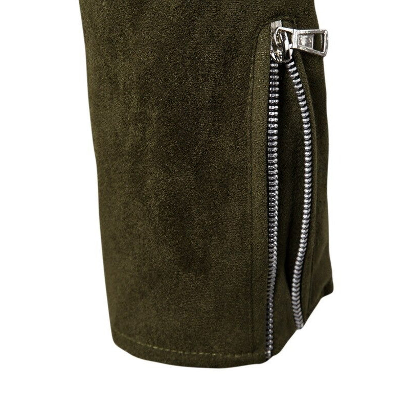 Close-up of the stylish zipper detail on a green suede men's motorcycle jacket, showcasing modern design elements.