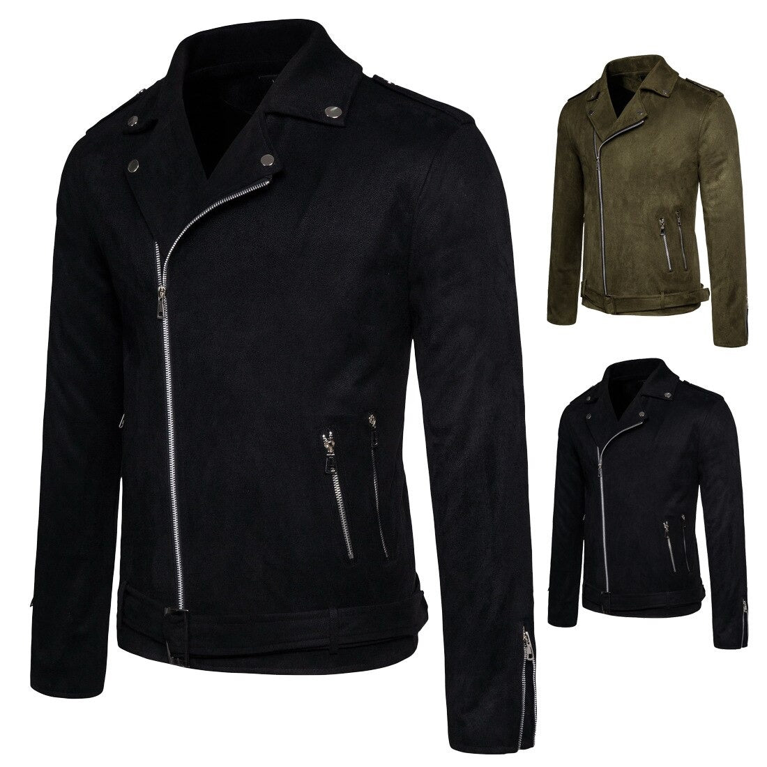 Black and green suede zipper jackets for men, slim-fit outwear with stylish zippers and belt detail.