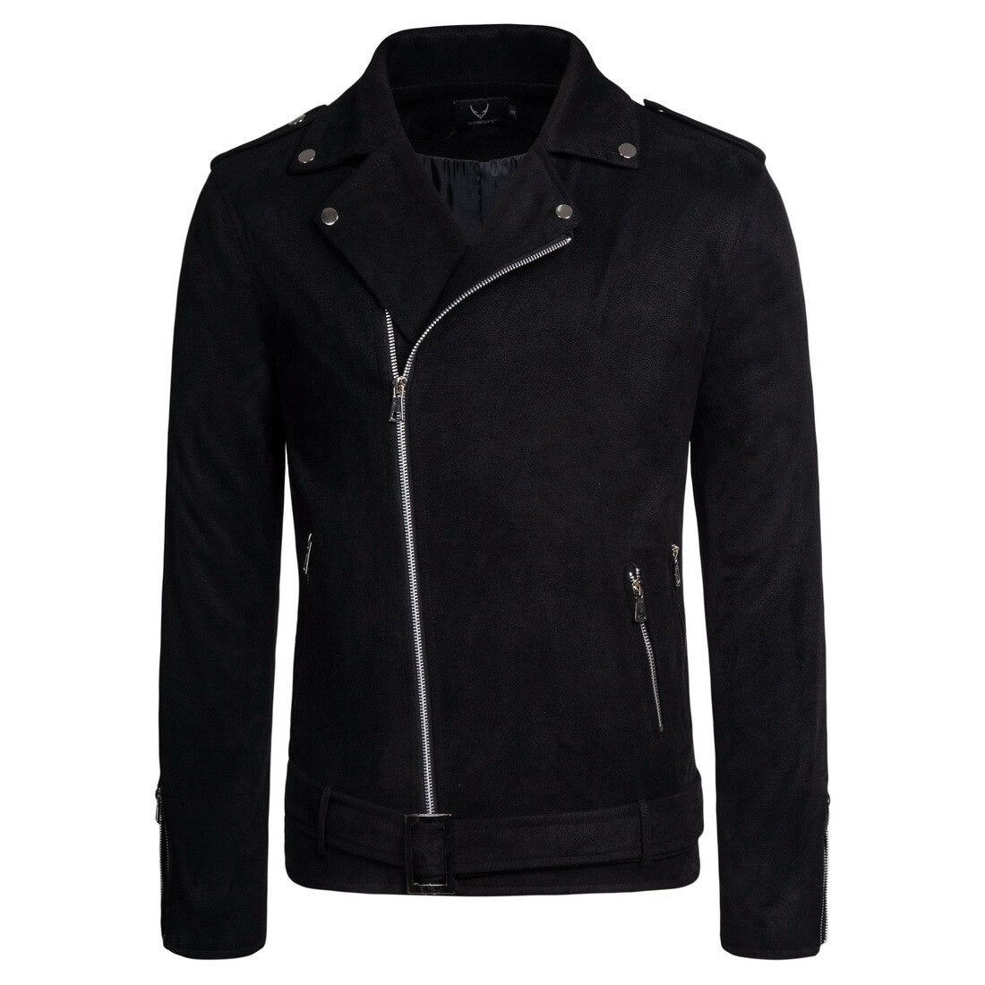Black suede motorcycle jacket for men with zipper and stylish belted waist, perfect slim-fit outerwear.
