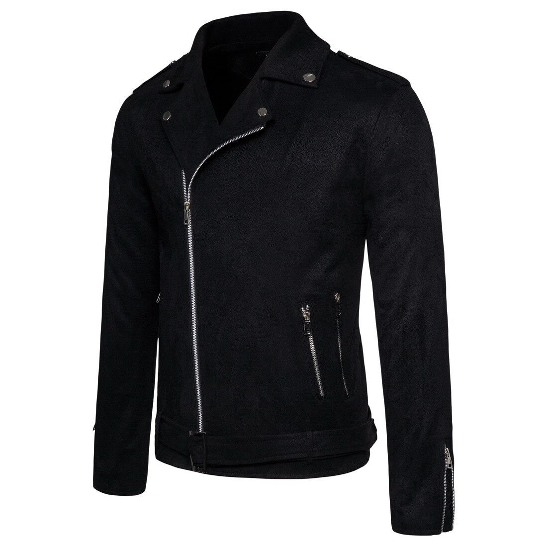 Black suede motorcycle jacket for men, slim-fit design with zippers and stylish belt.