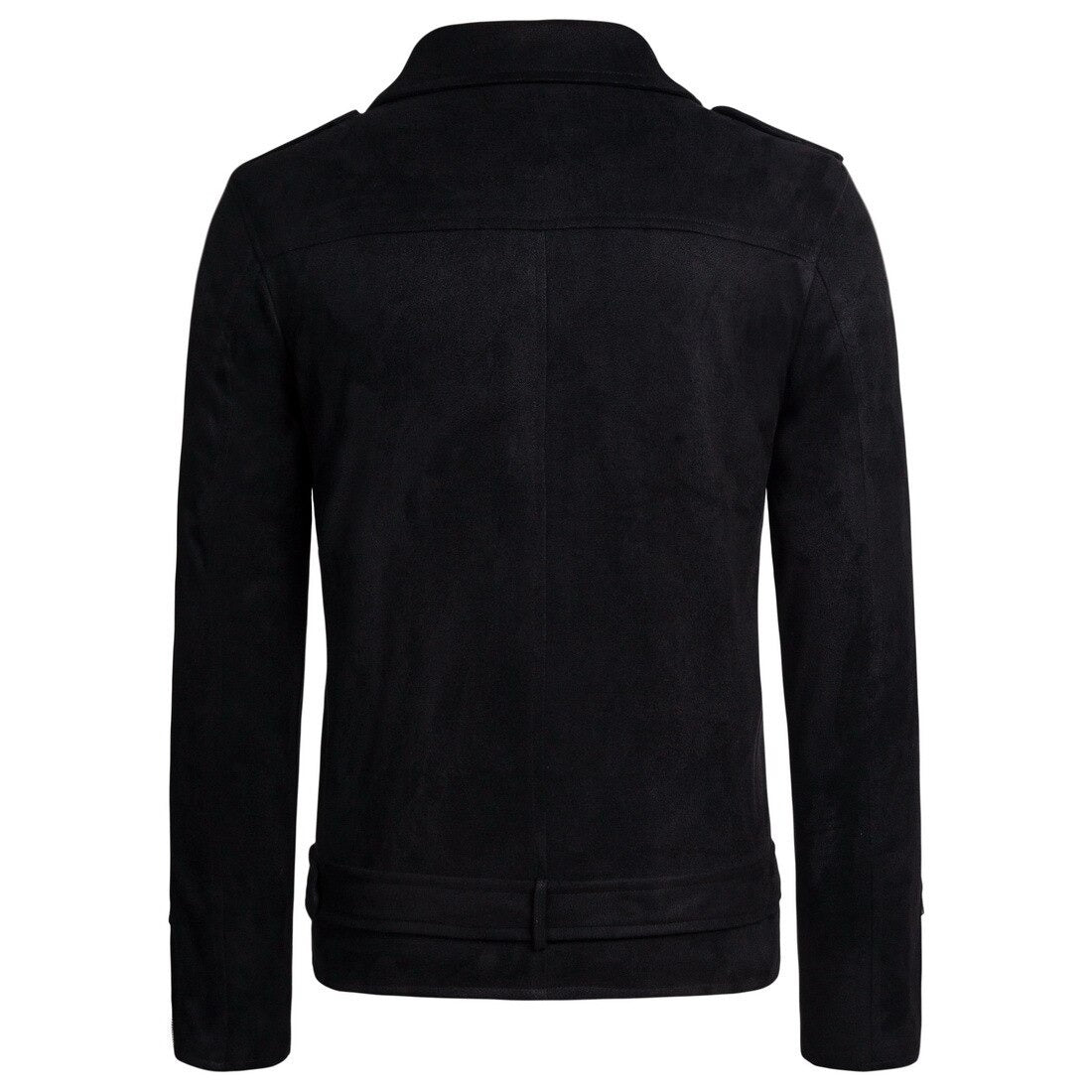 Back view of a black suede zipper jacket for men with a stylish slim fit and belt detail.