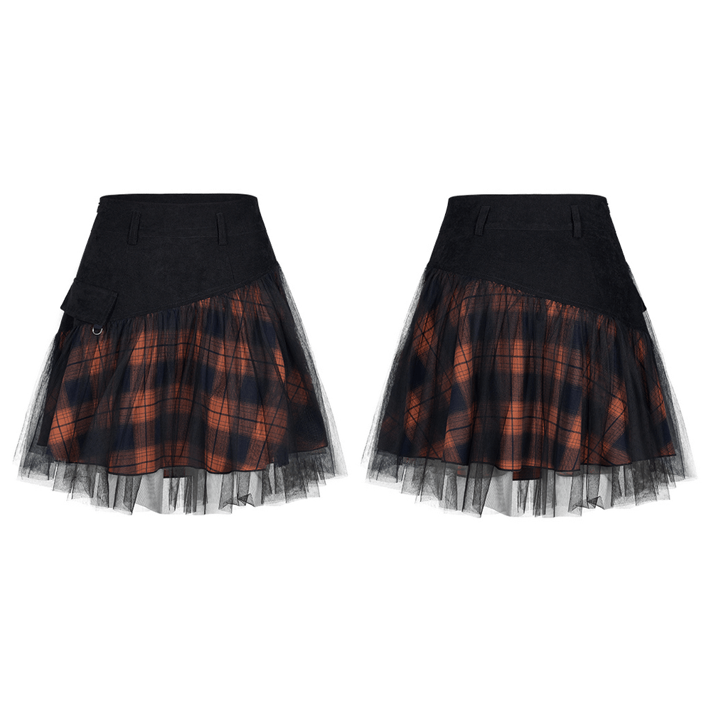 High-waisted black and orange plaid mesh skirt with fluffy hem and punk rave detailing.