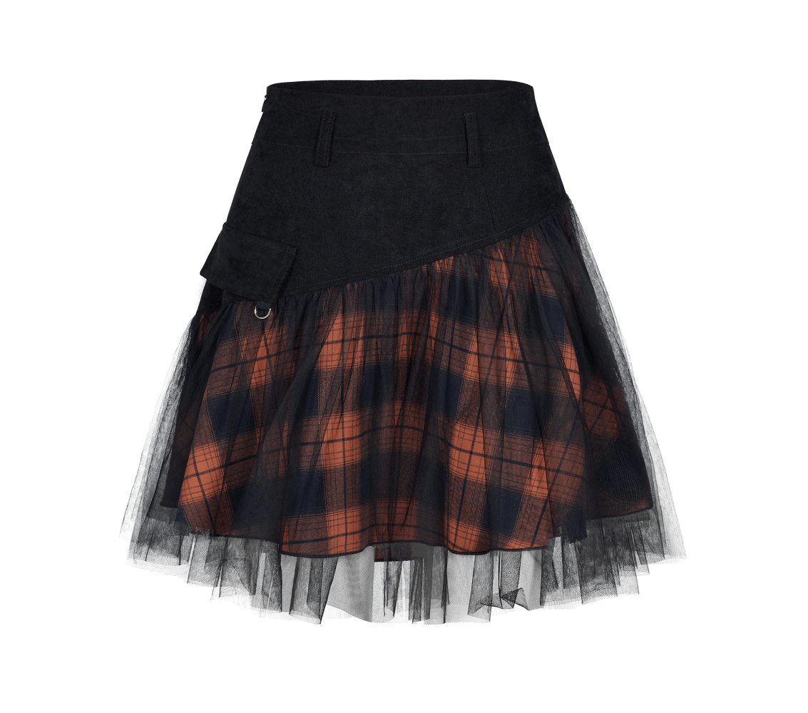 Black and orange plaid mesh mini skirt with high waist and punk rave details, featuring a fluffy hem and decorative D-ring buckle.