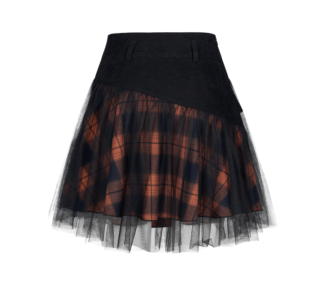 High-waisted black and orange plaid mesh skirt with punk rave detailing and fluffy hem.