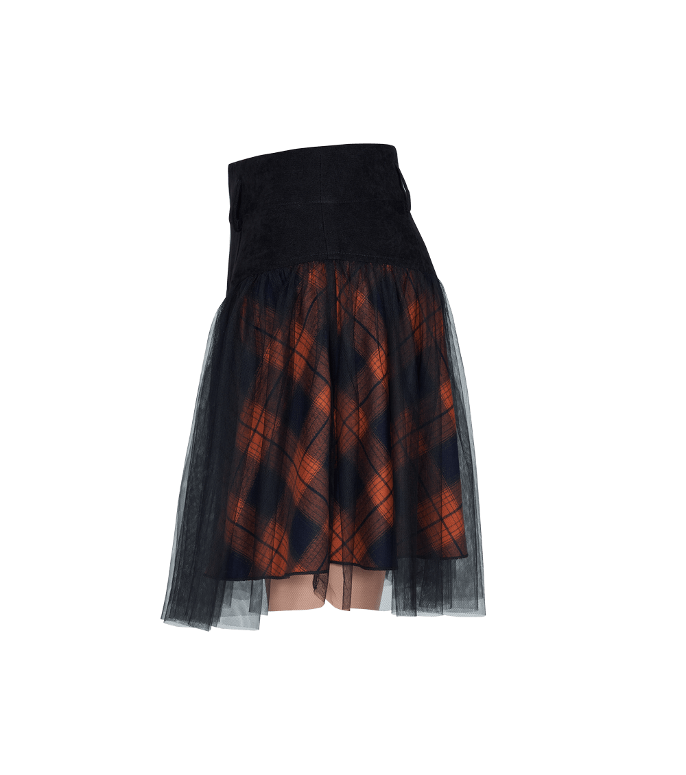 Black and Orange Plaid Mesh Skirt with Punk Rave Detailing