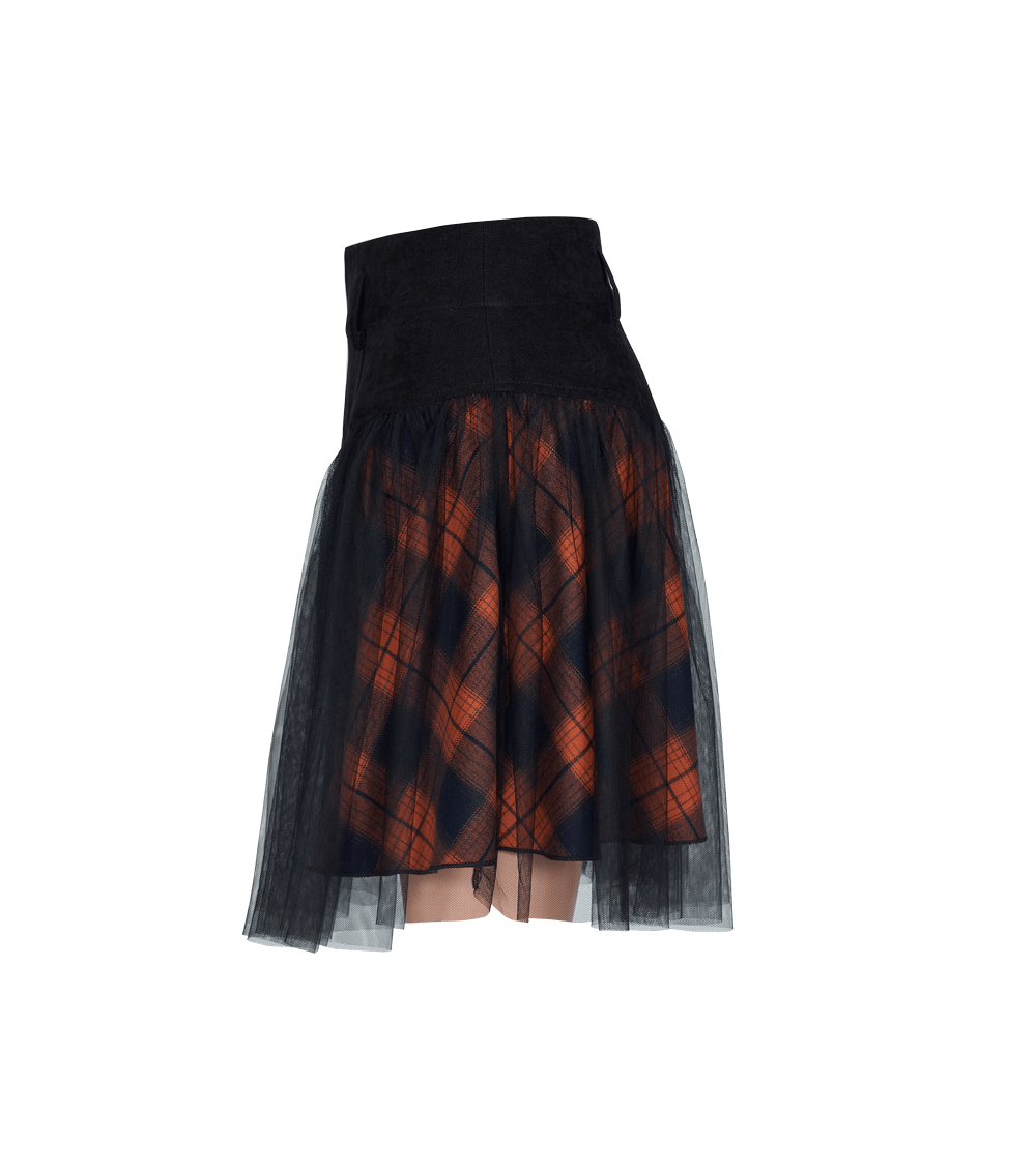 Black and orange plaid mesh mini skirt with high waist and fluffy hem, featuring punk rave detailing.