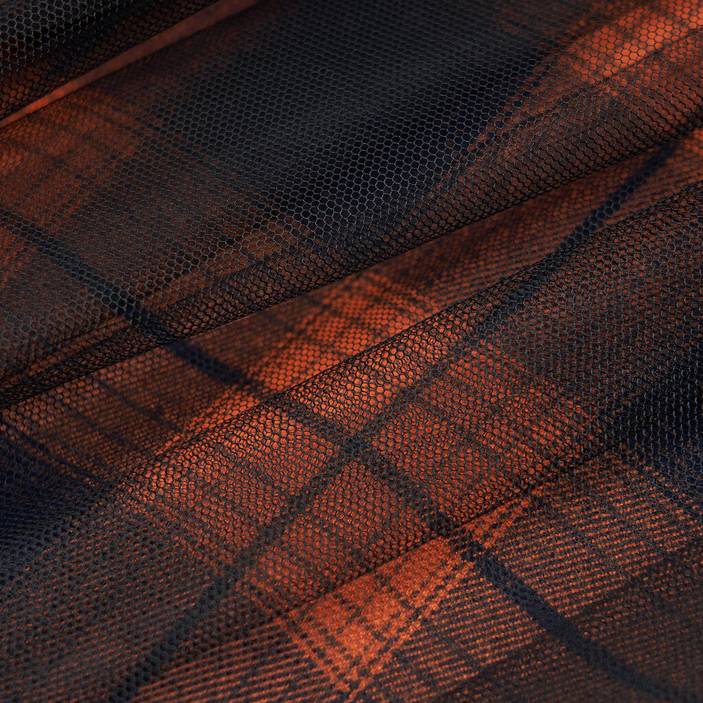 Close-up of black and orange plaid mesh fabric, showcasing a trendy punk rave design for a high-waisted mini skirt.