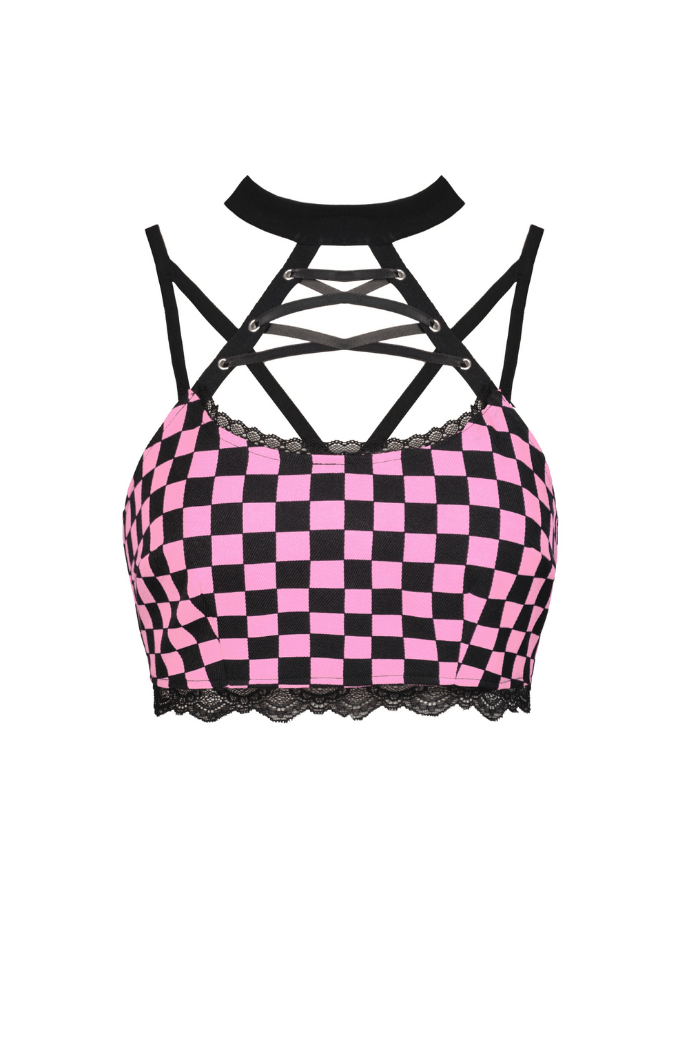 Black and pink checkered halter crop top with strappy design and lace trim for a punk rock look.