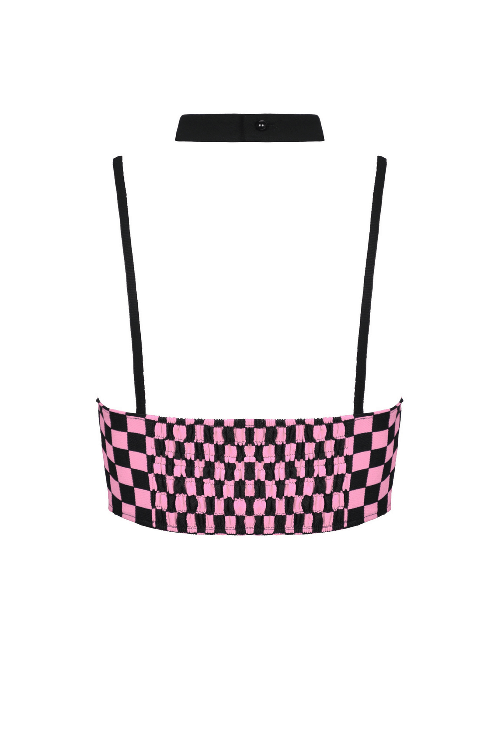 Black and pink checkered halter crop top with strappy design, perfect for punk rock style.