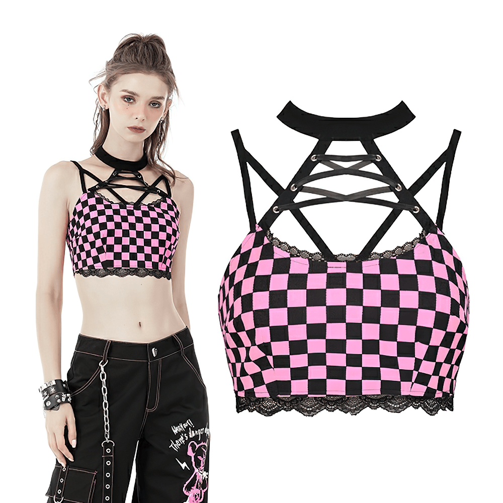 Black and pink punk rock halter crop top with strappy design and lace trim, perfect for edgy fashion enthusiasts.