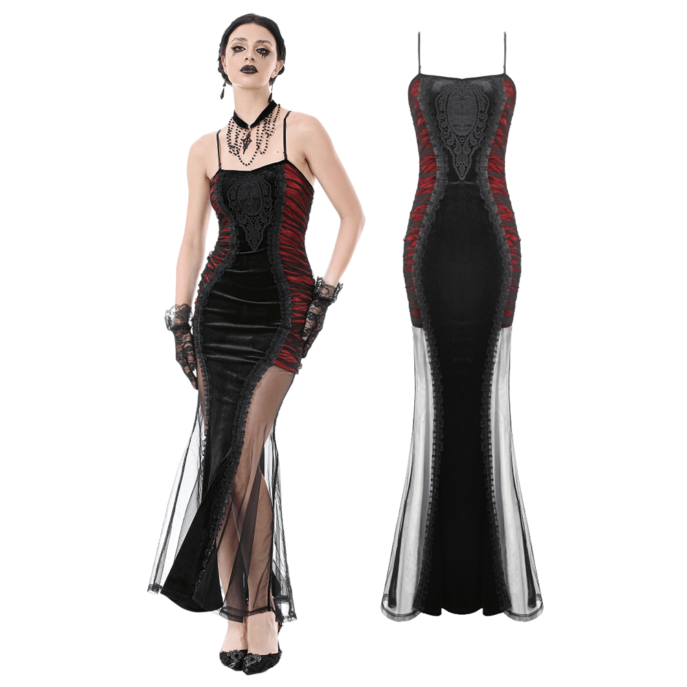 Black and red gothic lace-up maxi dress with sheer sides and intricate detailing, perfect for edgy fashion lovers.