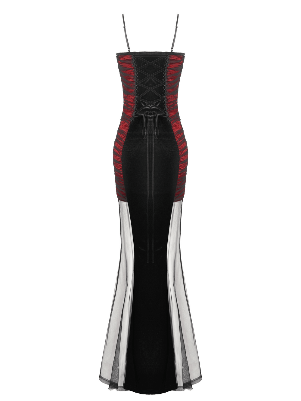 Elegant black and red gothic lace-up maxi dress with sheer sides, perfect for edgy fashion lovers.