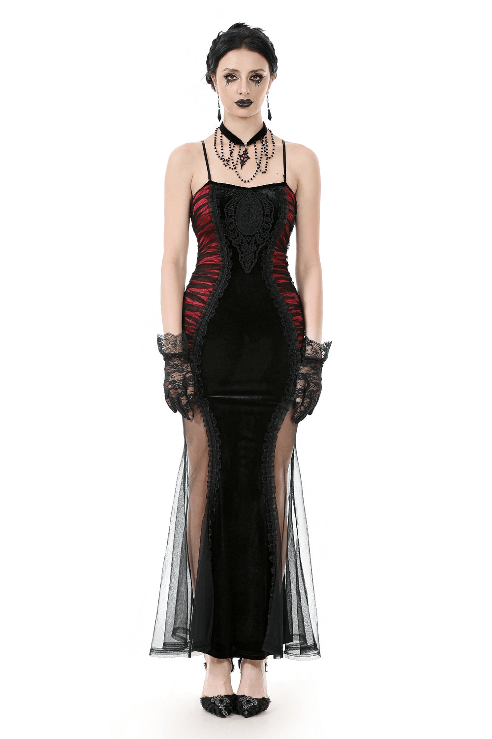 Black and red gothic lace-up maxi dress with sheer sides for a stunning, edgy look.