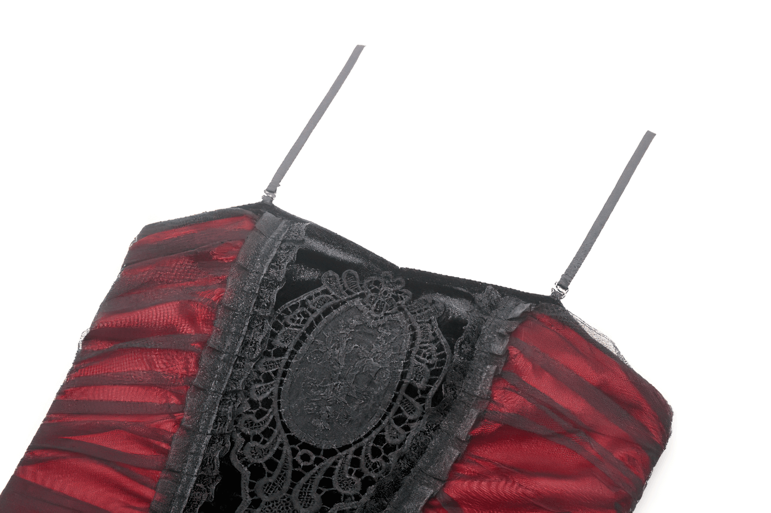 Black and red lace-up maxi dress with sheer detailing and intricate lace pattern.