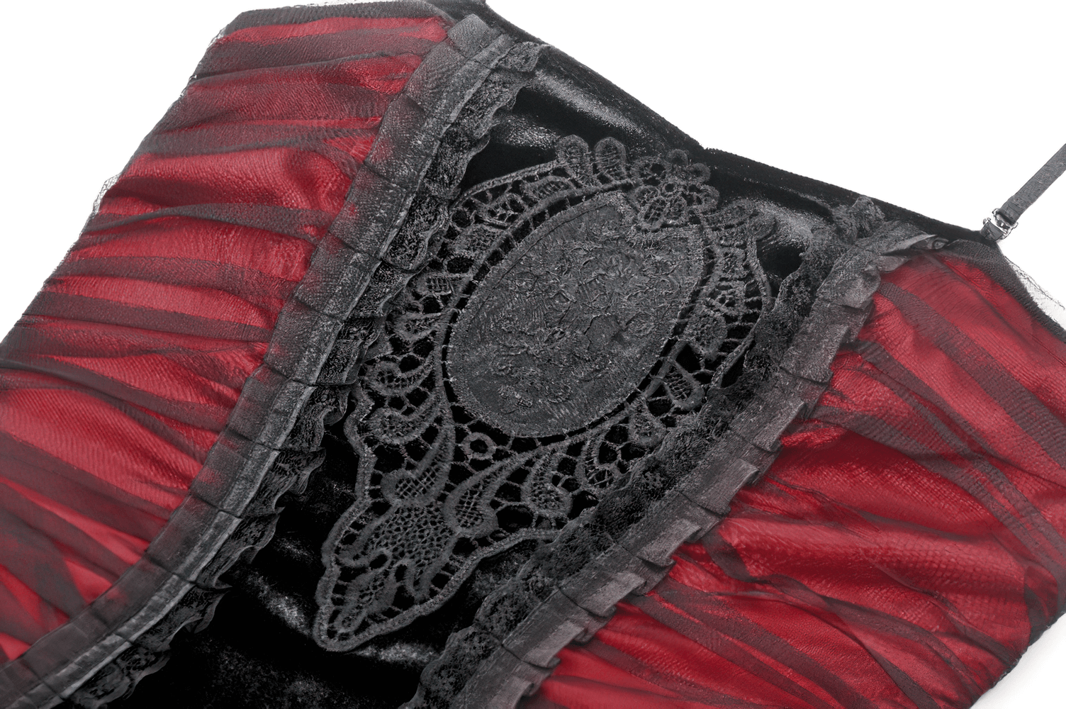 Black and red lace detailing on gothic maxi dress, featuring sheer fabric for a dramatic look.