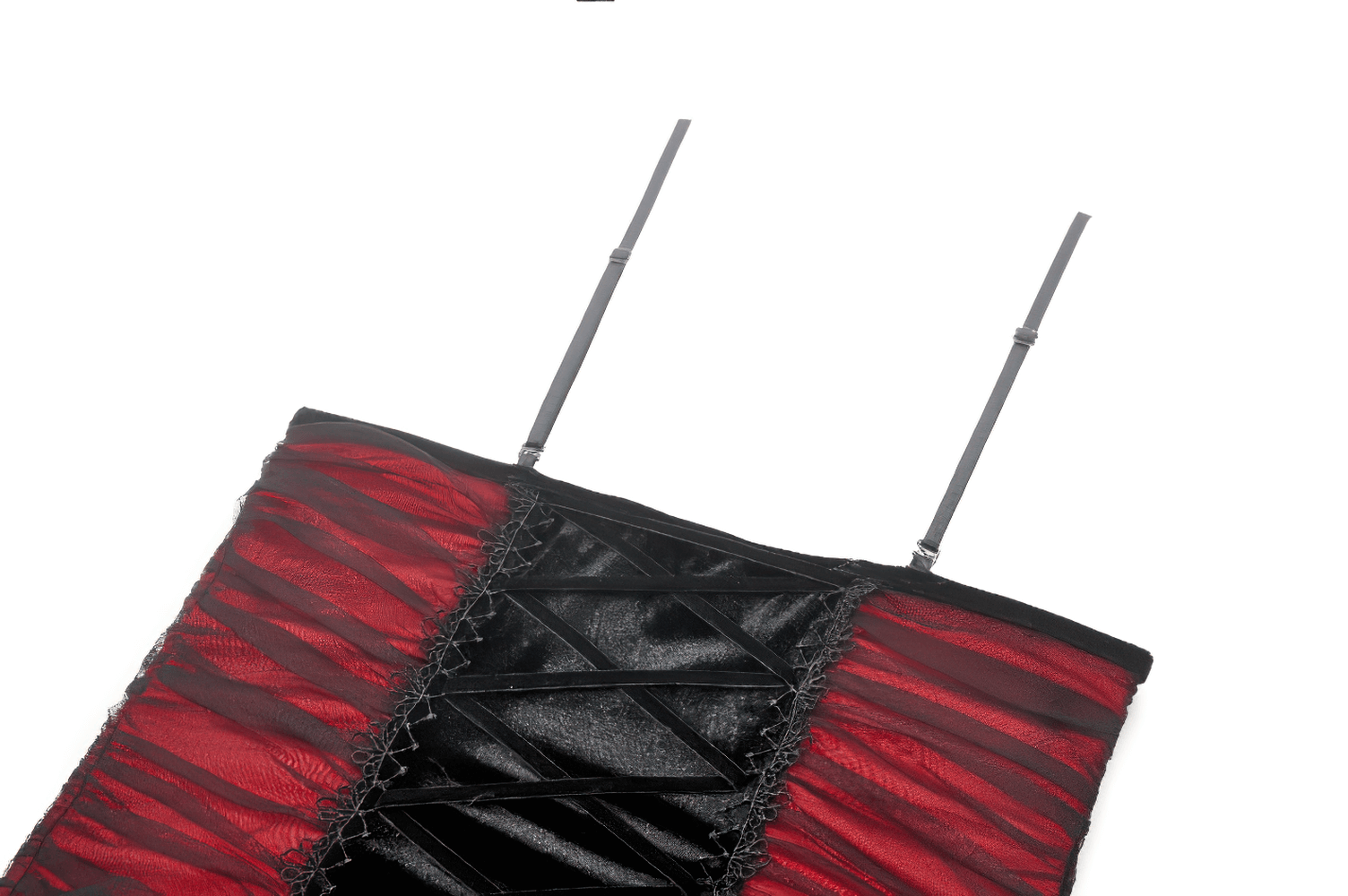 Black and red gothic lace-up maxi dress featuring sheer panels and intricate detailing.