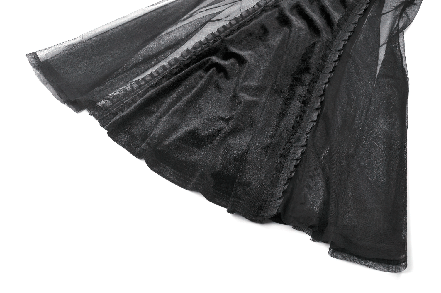 Elegant sheer black fabric draping, featuring intricate detailing perfect for a gothic maxi dress design.