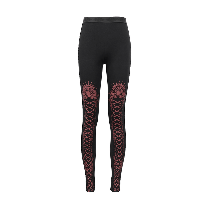 Black And Red Gothic Patterned Legging / Stylish Lacing Elastic Waist Leggings - HARD'N'HEAVY