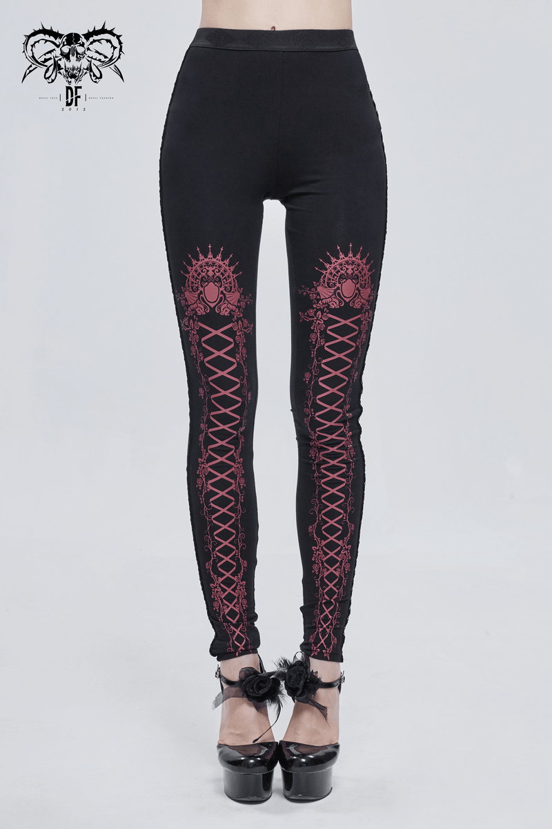 Black And Red Gothic Patterned Legging / Stylish Lacing Elastic Waist Leggings - HARD'N'HEAVY