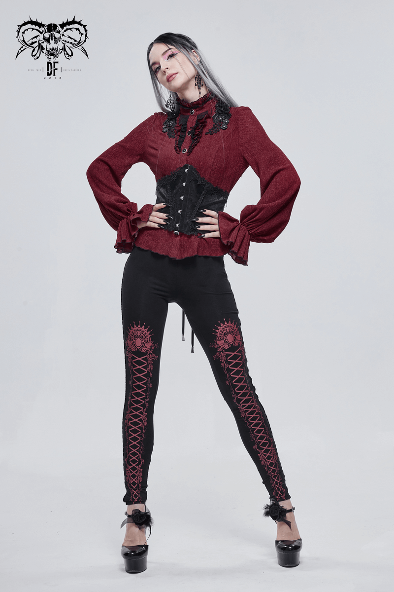 Black And Red Gothic Patterned Legging / Stylish Lacing Elastic Waist Leggings - HARD'N'HEAVY