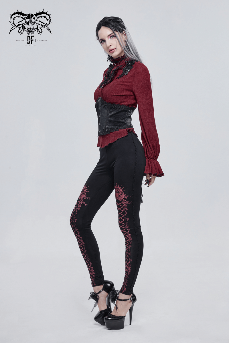 Black And Red Gothic Patterned Legging / Stylish Lacing Elastic Waist Leggings - HARD'N'HEAVY