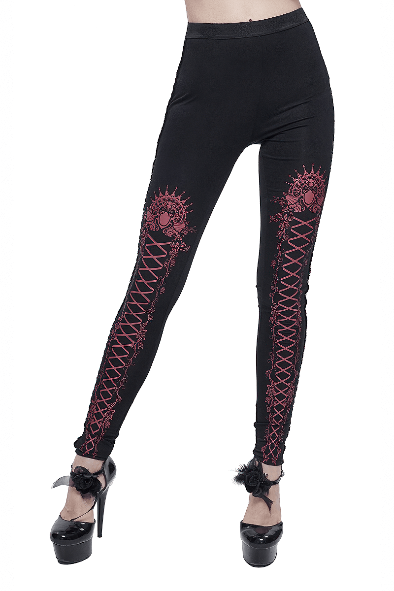 Black And Red Gothic Patterned Legging / Stylish Lacing Elastic Waist Leggings - HARD'N'HEAVY