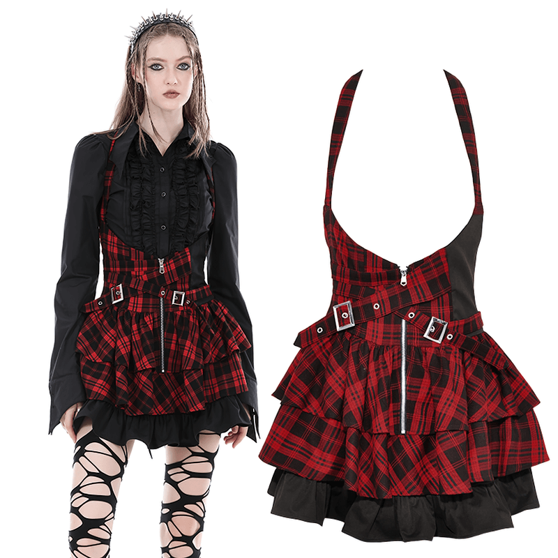 Black and Red Gothic Punk Rock Dress with Suspender Skirt
