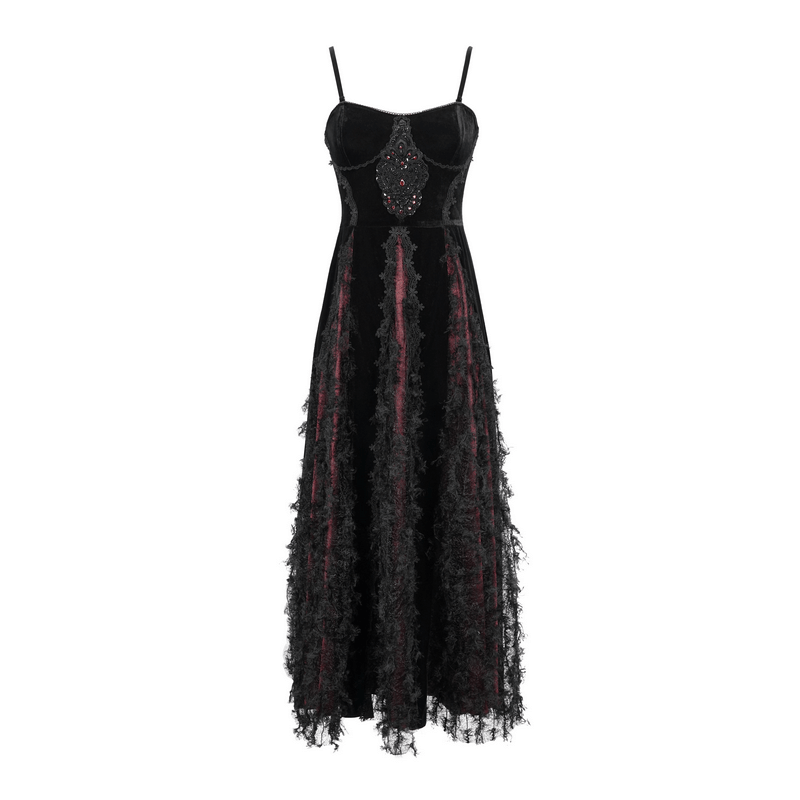 Elegant black and red gothic velvet dress with lace accents and back lacing for women.