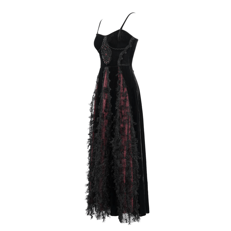 Elegant black and red gothic velvet long dress with lace details, perfect for a stylish women's wardrobe.