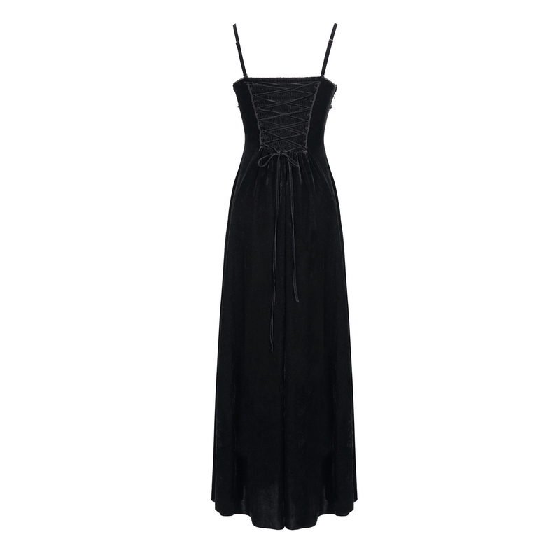 Elegant black velvet long dress with lace-up back, perfect for gothic fashion enthusiasts.