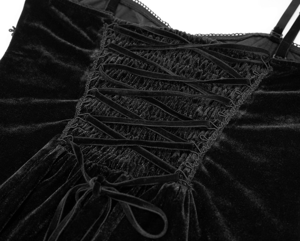 Close-up of the black velvet lace-up back detail on a gothic long dress for women, showcasing elegant craftsmanship.