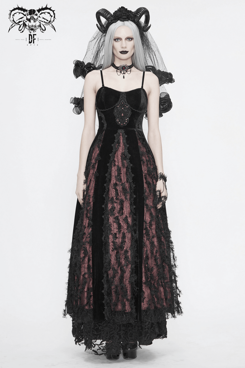Elegant black and red gothic velvet long dress with lace accents and unique fastening, perfect for a darkly chic wardrobe.