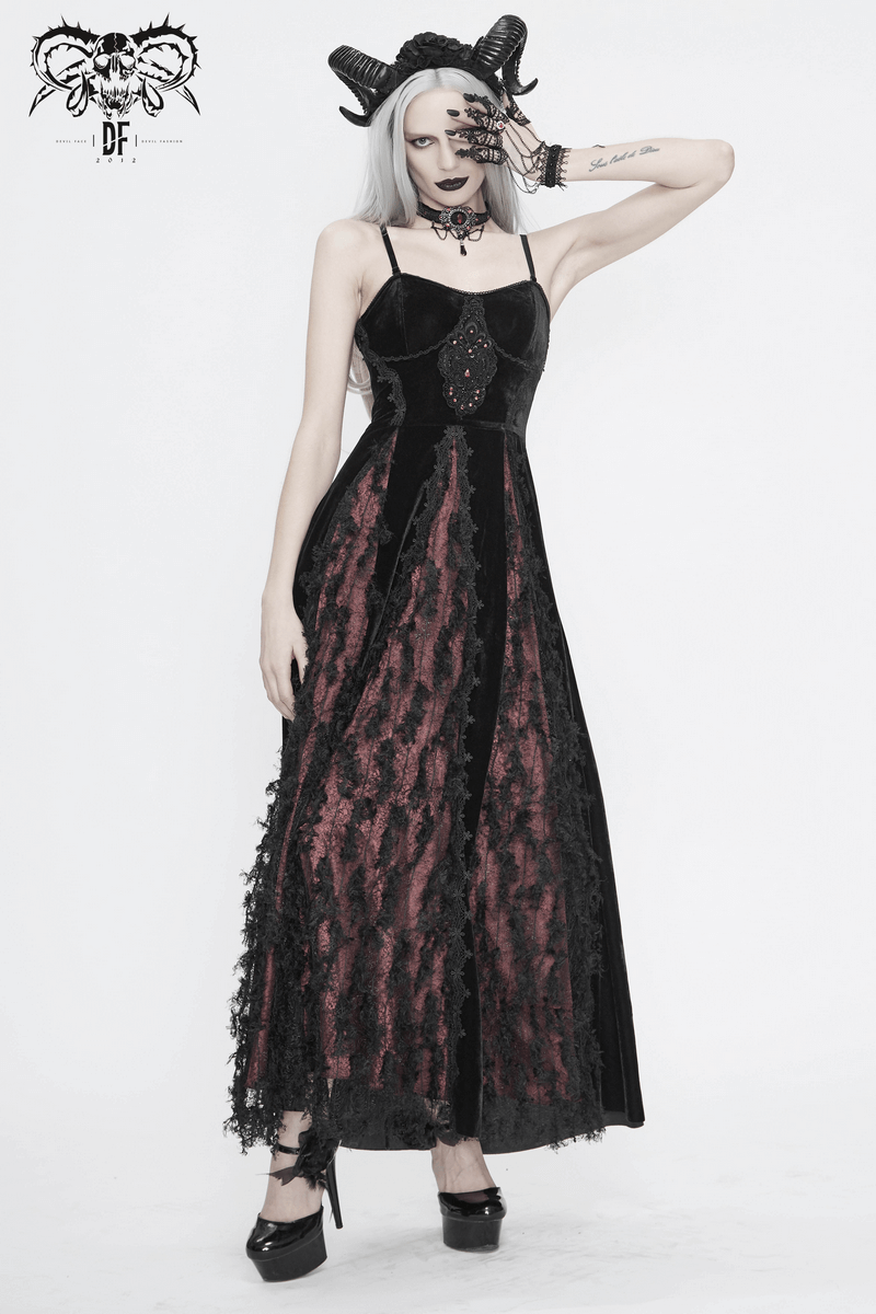 Elegant black and red gothic long dress with lace inserts, perfect for a striking and fashionable look.