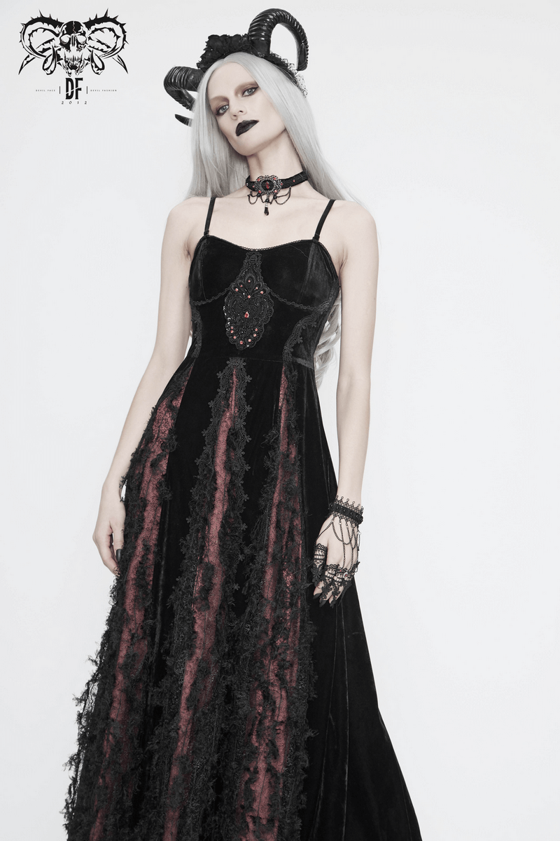 Elegant black and red gothic velvet long dress with lace accents and stylish model showcasing unique dark fashion.