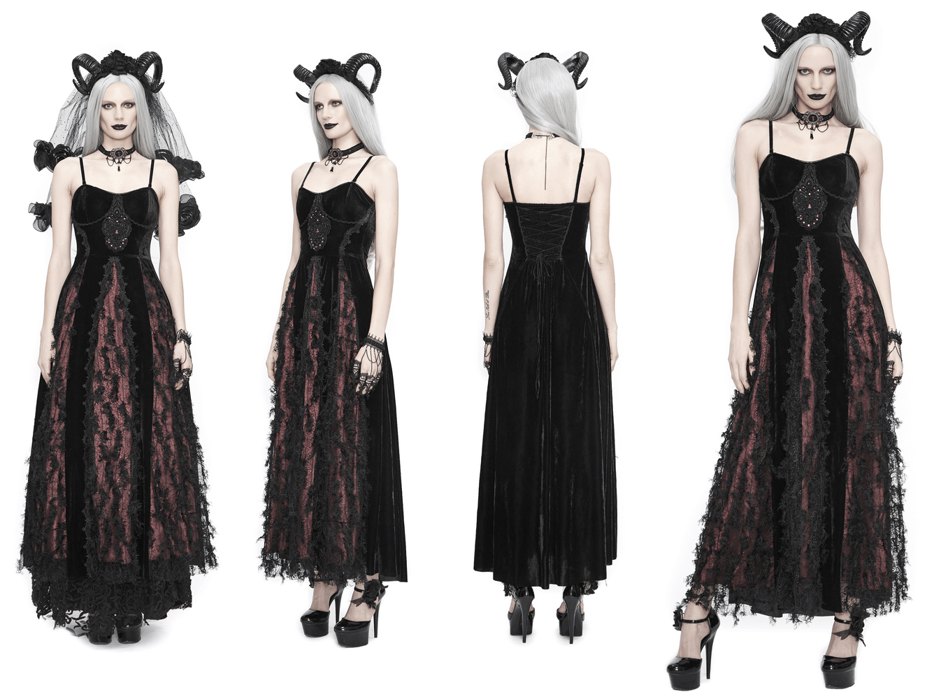 Elegant gothic women's long velvet dress with lace inserts in black and red, featuring stylish lacing at the back.