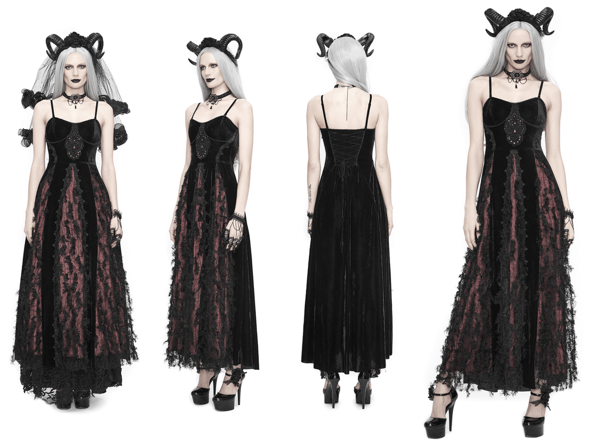 Elegant gothic women's long velvet dress with lace inserts in black and red, featuring stylish lacing at the back.