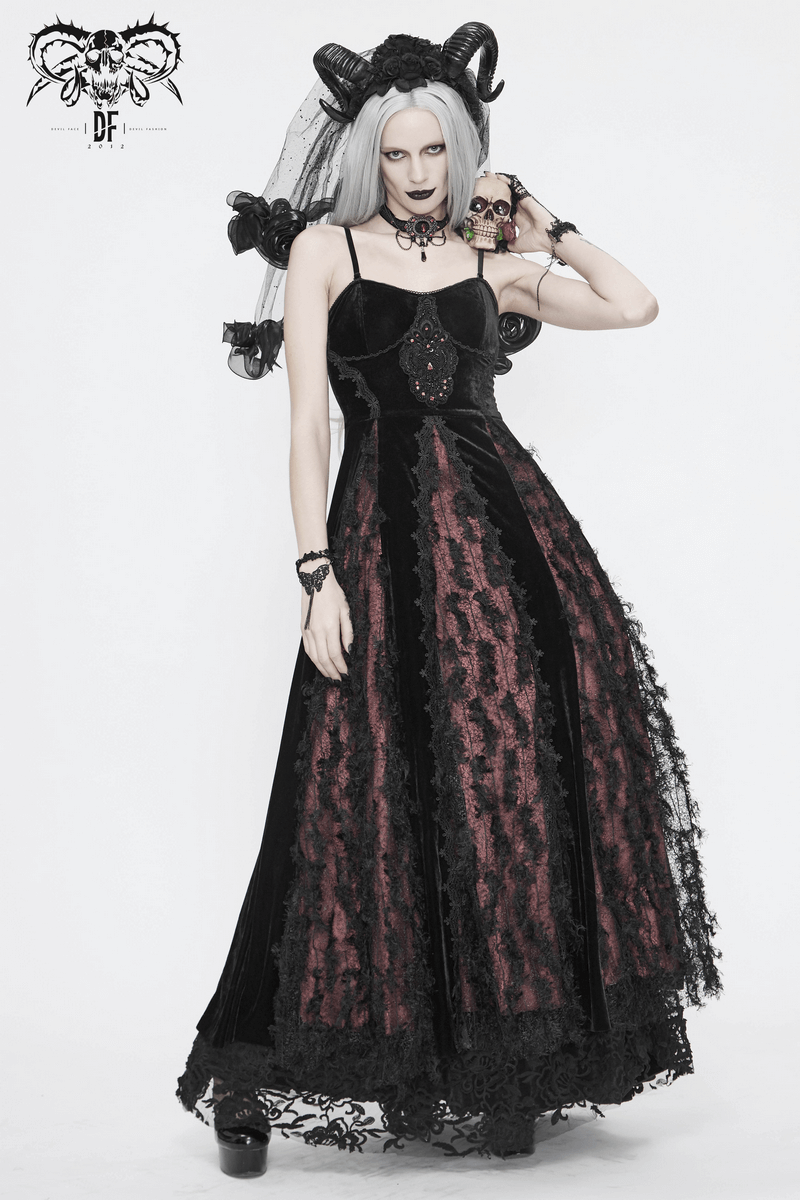 Elegant black and red gothic velvet long dress with lace accents and back lacing for women, perfect for a dramatic style.