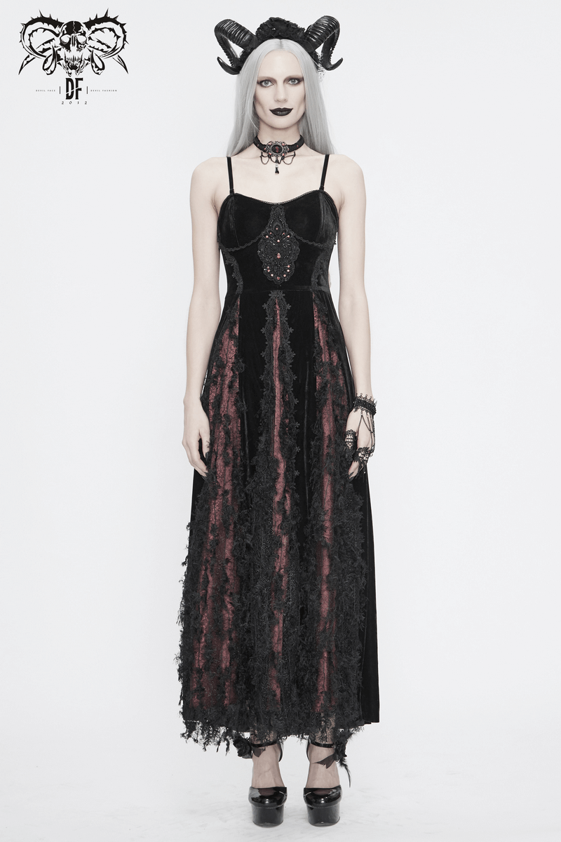 Elegant black and red gothic velvet long dress featuring lace inserts and detailing, perfect for a chic gothic look.