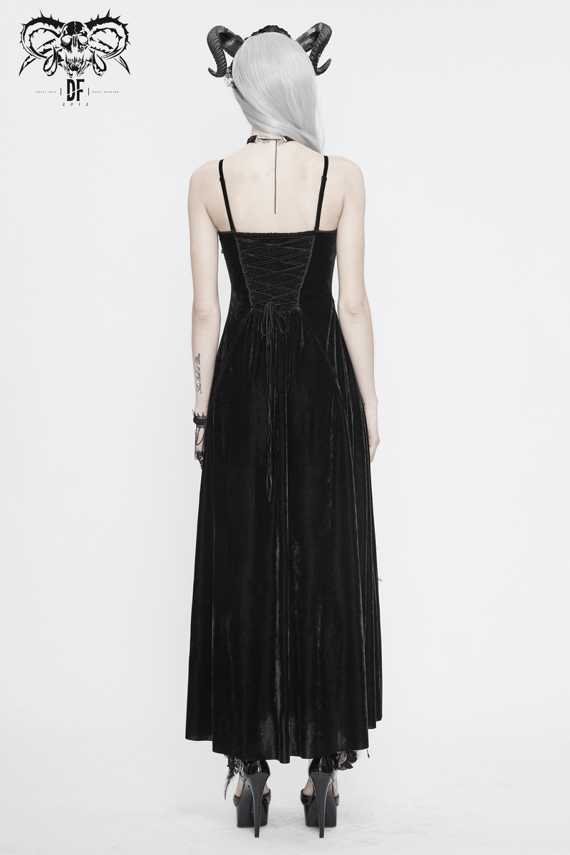 Elegant black velvet women's gothic dress, featuring a lace-up back and long flowing skirt, perfect for stylish occasions.
