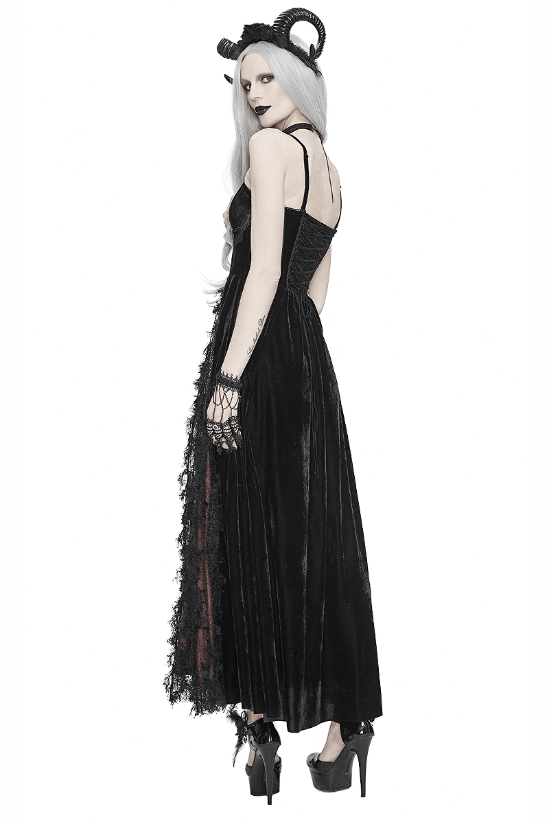 Black And Red Gothic Velvet Long Dress / Women's Lace Dress with Lacing at The Back - HARD'N'HEAVY