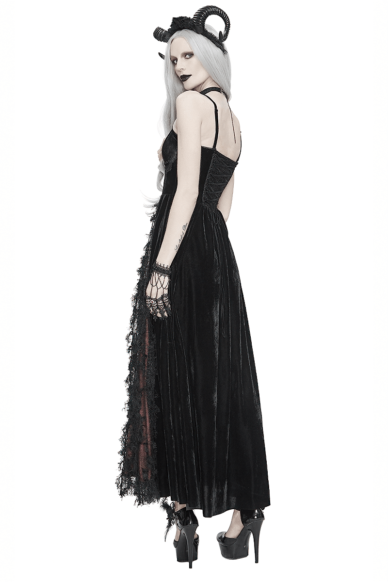 Model showcasing a black and red gothic velvet long dress with lace detailing and stylish horns, perfect for a hauntingly elegant look.