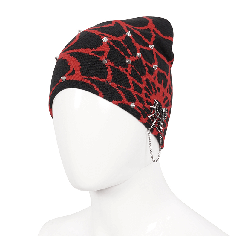 Black and Red Male Pattern Knit Hat with Spikes and Spider Web - HARD'N'HEAVY