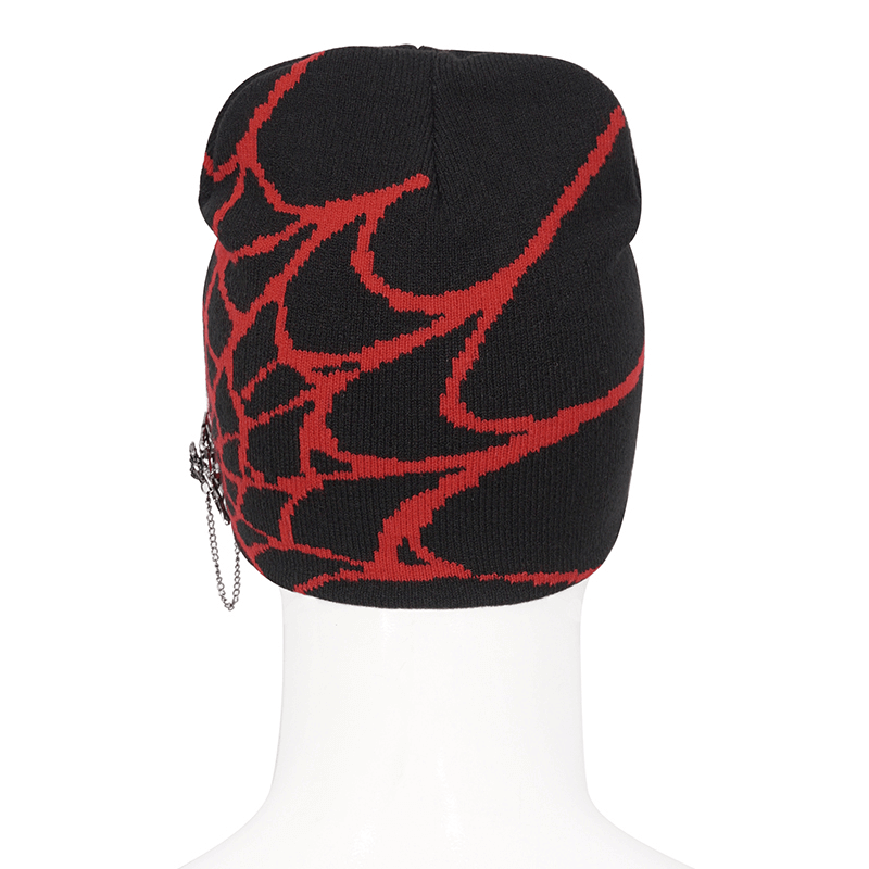 Black and Red Male Pattern Knit Hat with Spikes and Spider Web - HARD'N'HEAVY