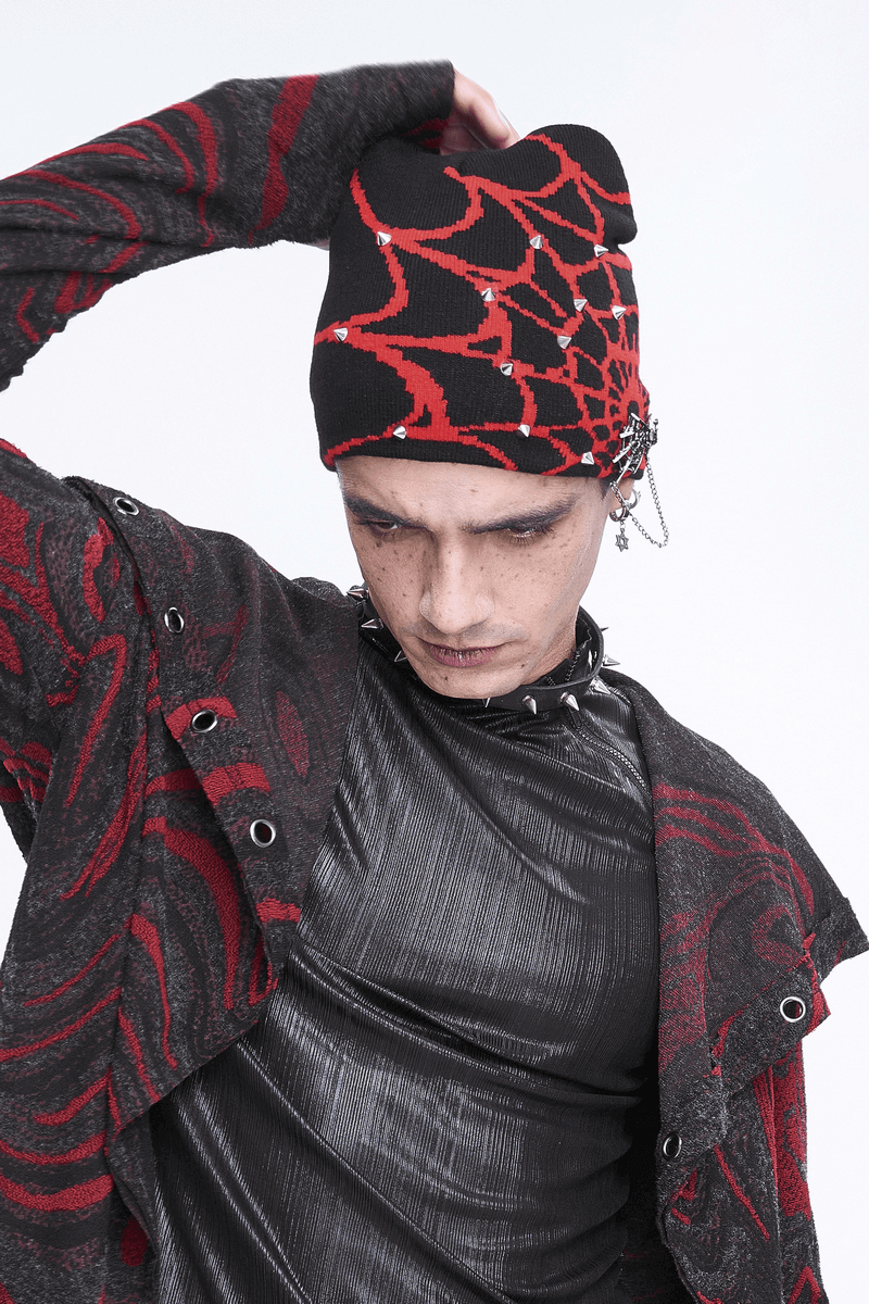 Black and Red Male Pattern Knit Hat with Spikes and Spider Web