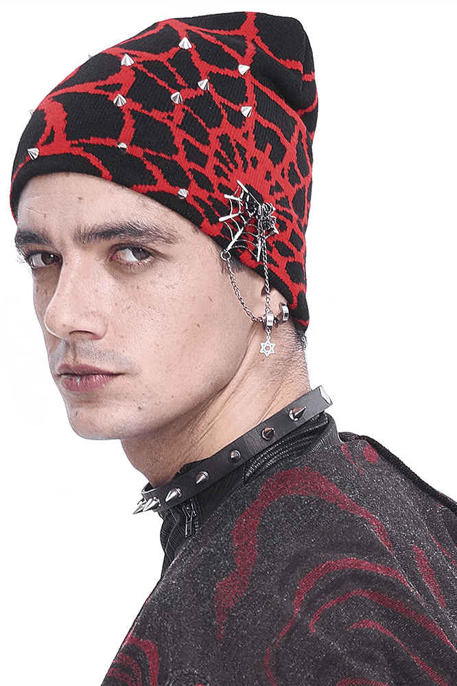 Black and Red Male Pattern Knit Hat with Spikes and Spider Web