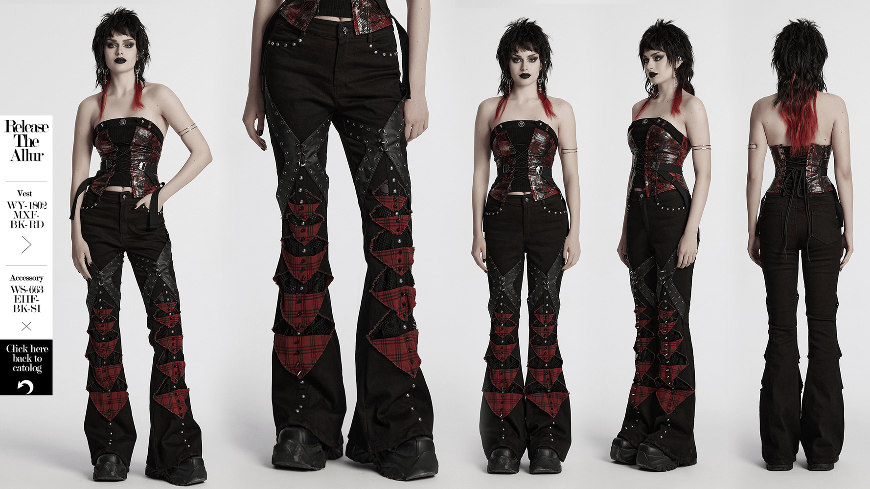 Black and red plaid gothic flared pants with studs, featuring punk style and mesh panels, perfect for streetwear.
