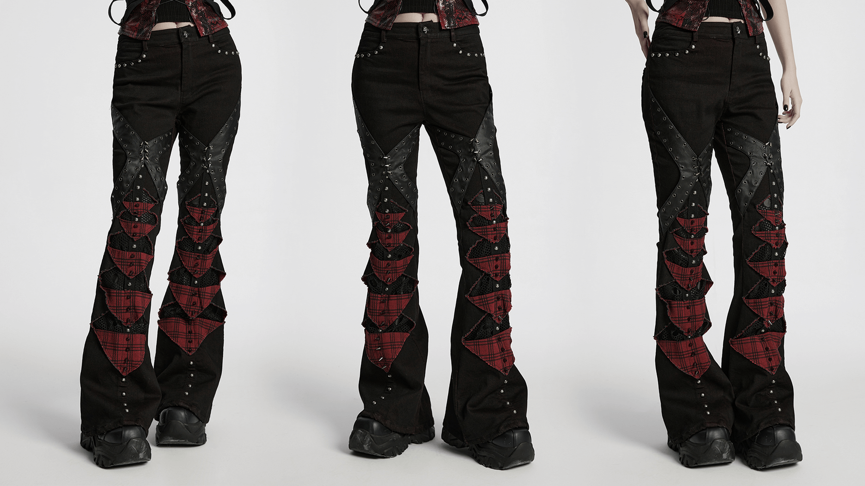Black and red plaid gothic flared pants with spikes, mesh panels, and studs for punk fashion enthusiasts.